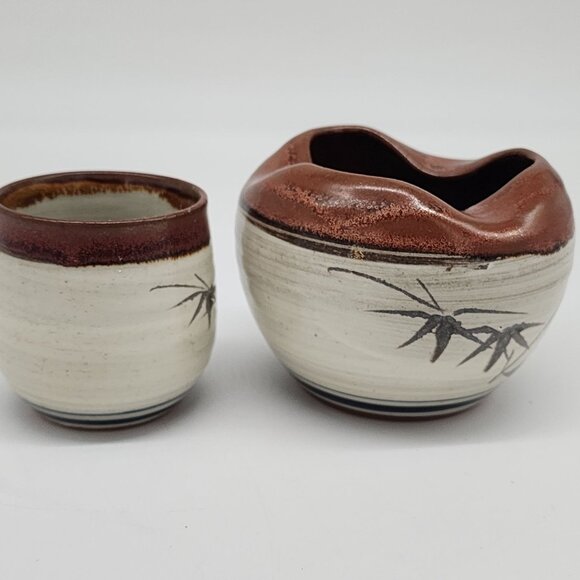 Hand Carved Bowl & Cup Signed Japanese Takahashi Handcrafted Ceramic Bamboo - Picture 4 of 9